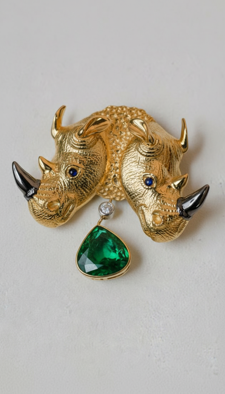 Emerald Rhino Brooch