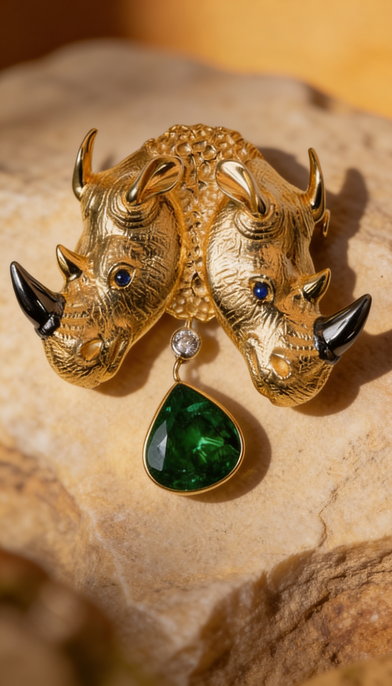 Emerald Rhino Brooch
