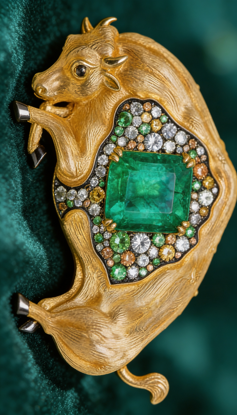 Emerald Bull Brooch