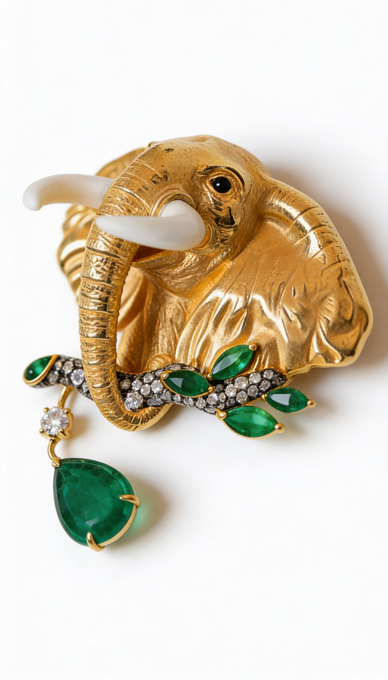 Emerald Elephant Brooch