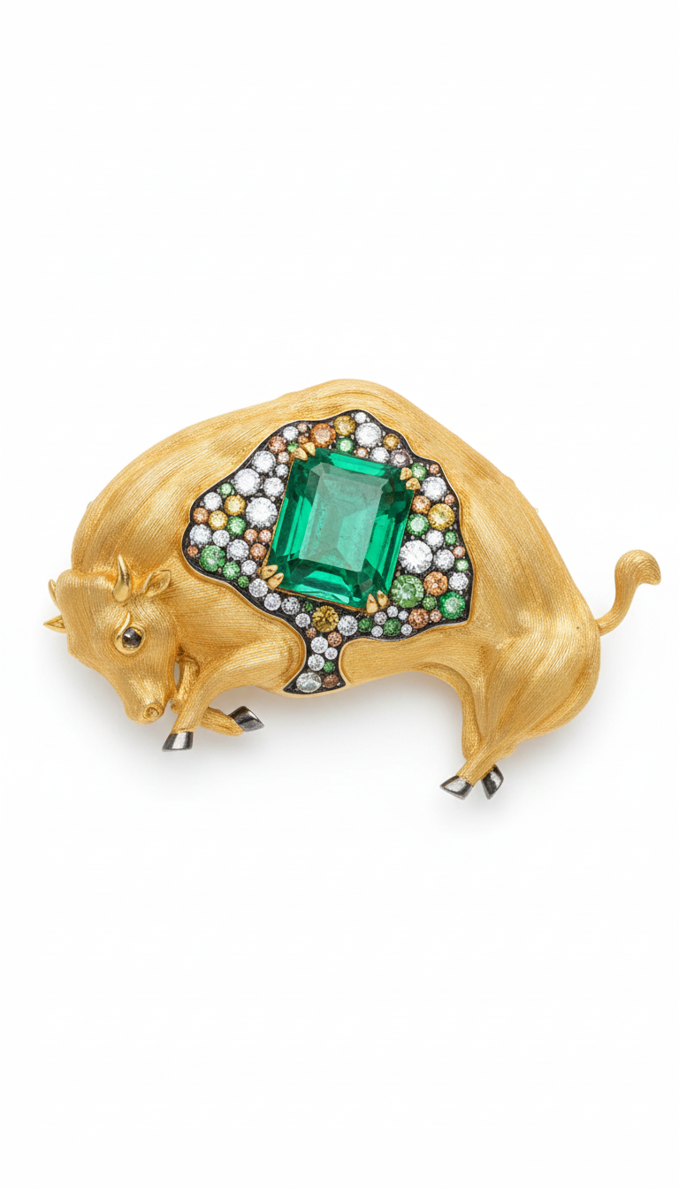 Emerald Bull Brooch
