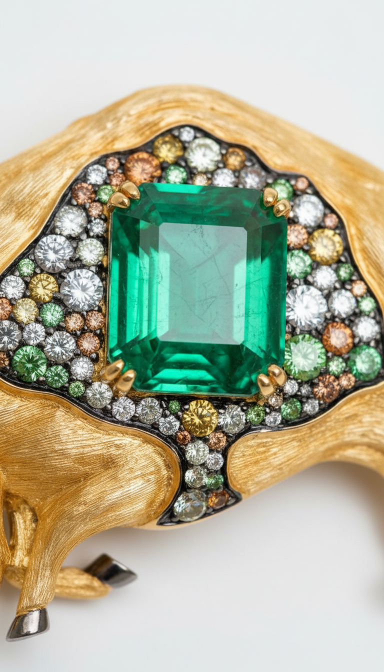 Emerald Bull Brooch
